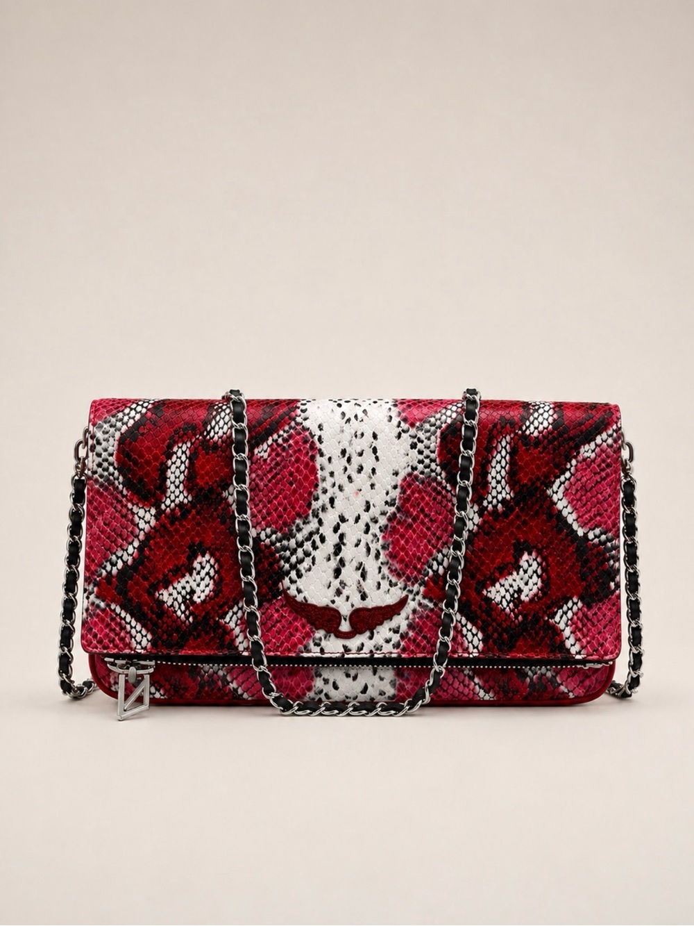 Zadig & Voltaire Red and White Python-Print Chain Shoulder Bag